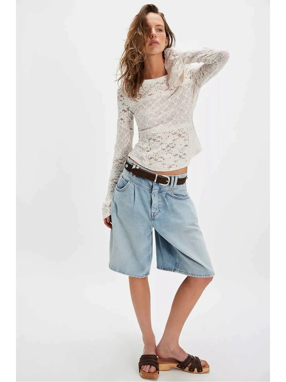 Free People Ethereal Edwardian Sheer Lace Flared Long Sleeve Top Ivory Large NWT